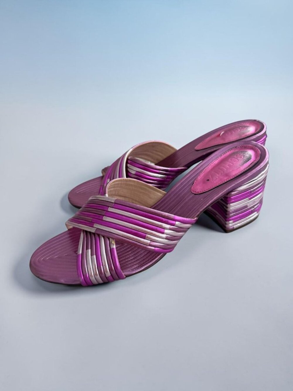 SCHUTZ Purple Pink Metallic Leather Heels Sandals Size 41 / 11